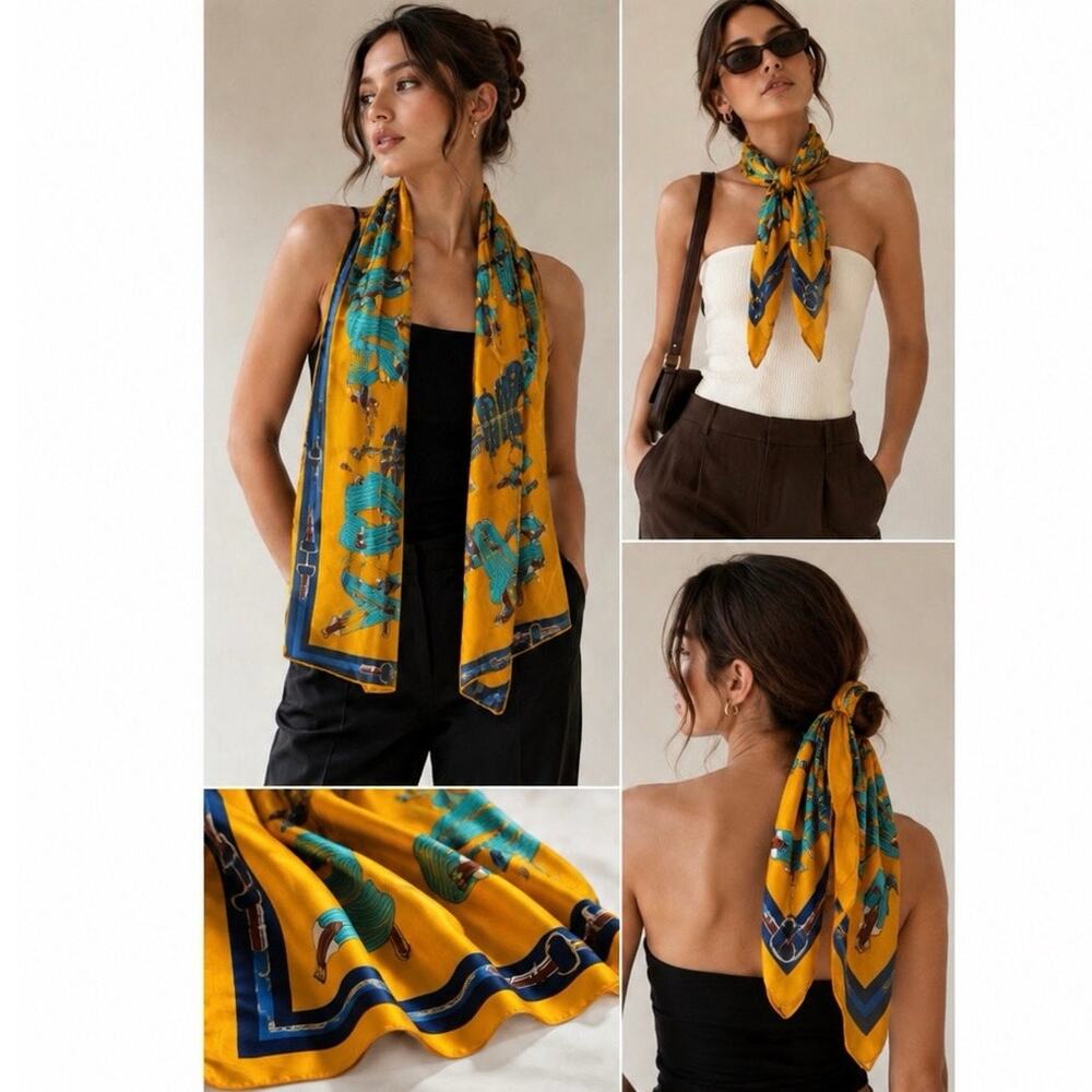 Equestrian Satin Scarf Gold Blue Belt Print Square Neck Scarf Statement Scarf